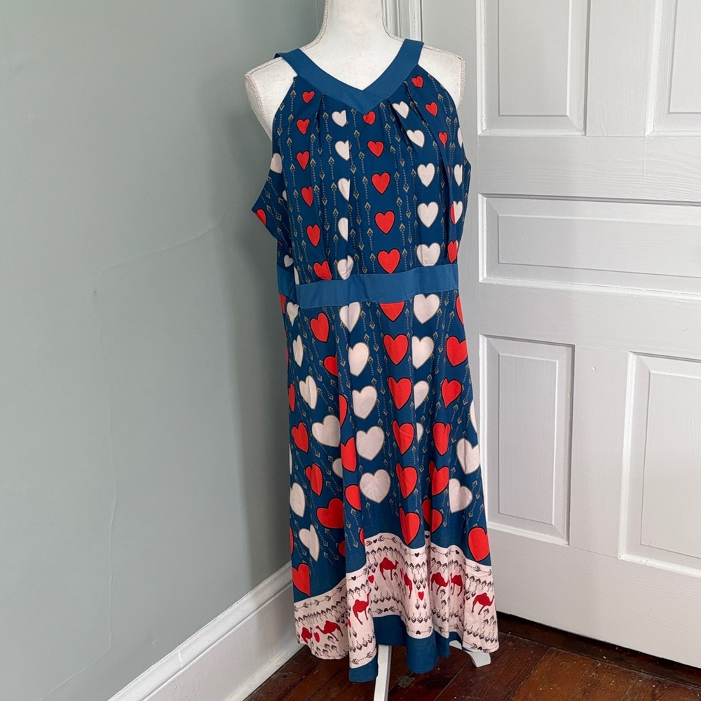 Heart‎ Camel Patterned Dress Blue Red Midi Length Size 20